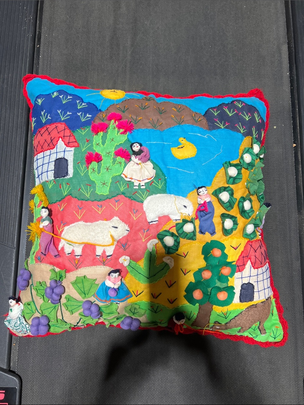 Vintage Handmade Colorful Embroidered Decorative Pillow - Blue & Multicolor